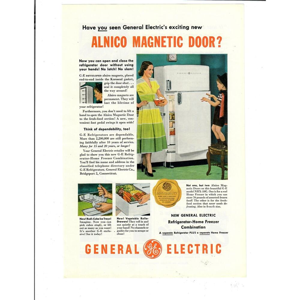 1950 General Electric Refrigerator Alnico Magnetic Door Housewife Ephemera Ad